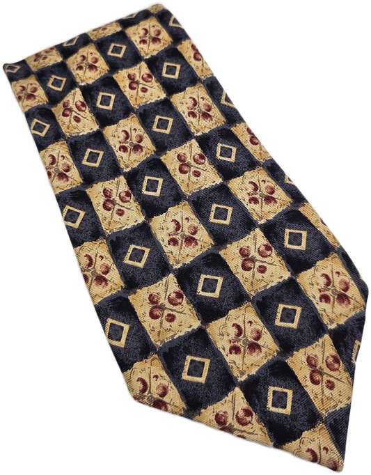 Vintage Mens Silk Tie Marks & Spencer Navy Gold Geometric Retro Neck Tie BX25