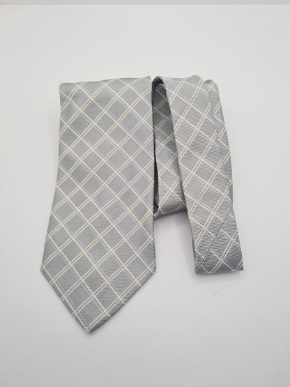 Silver Grey Check pattern Mens Silk Tie Classic Designer Necktie Vintage Mens Tie UK BX6