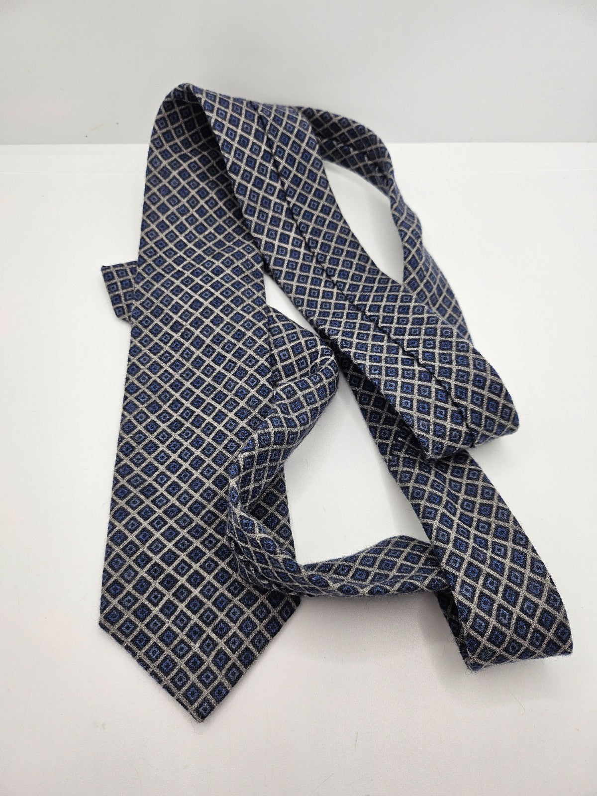 Moss 1851 Wool Tie Mens Blue Gray Textured Geometric Diamond Retro Neck Tie BX1