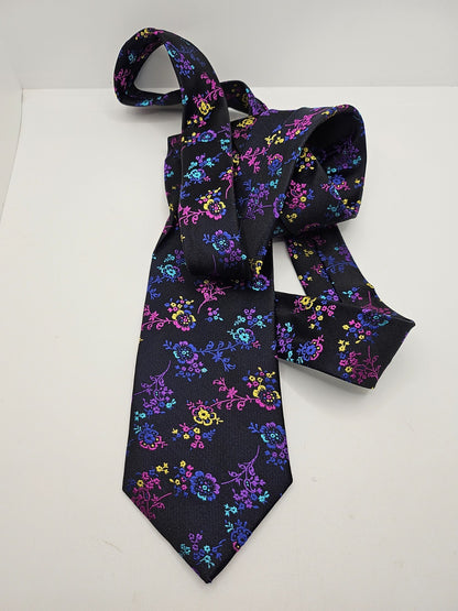 Marks & Spencer Silk Tie Mens Black Floral Statement Wedding Retro Neck Tie BX20