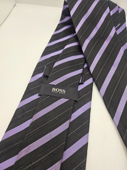 Hugo Boss Black Purple Striped Textured Silk Tie