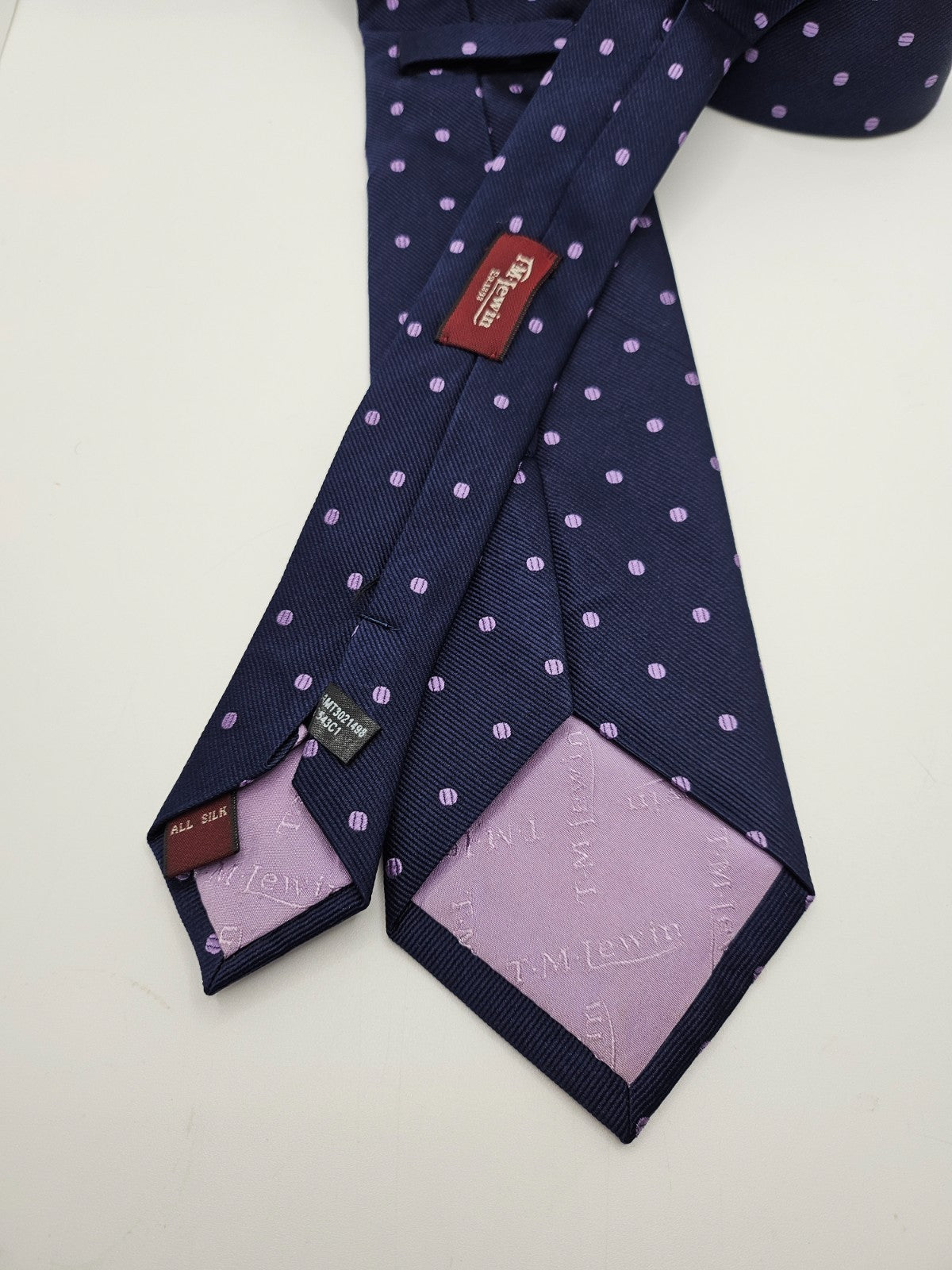 T.M. Lewin Silk Tie Mens Navy Blue Purple Woven Polka Dot Vintage Neck Tie BX20