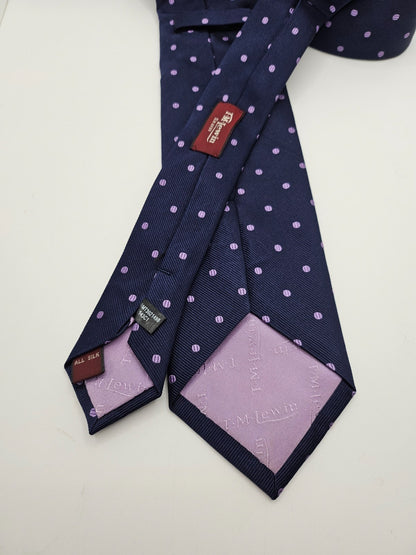 T.M. Lewin Silk Tie Mens Navy Blue Purple Woven Polka Dot Vintage Neck Tie BX20