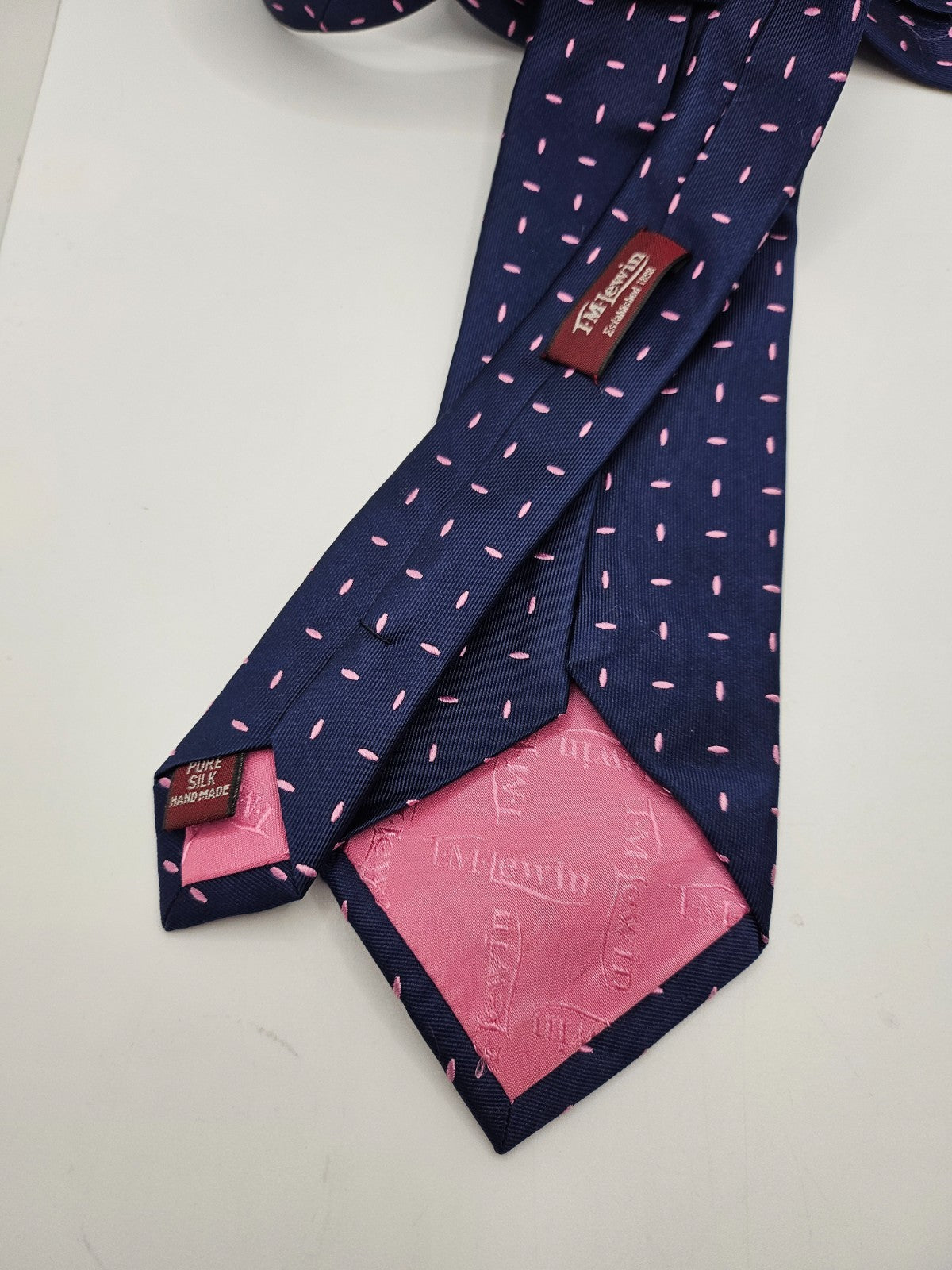 T.M.Lewin Silk Tie Mens Navy Blue Pink Geometric Dash Dot Wedding Neck Tie BX20