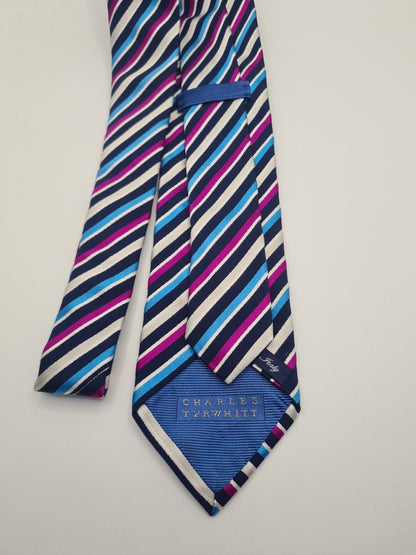 Charles Tyrwhitt Blue Purple Stripe Mens Silk Tie Classic Designer Necktie Striped Vintage Mens Tie UK BX11