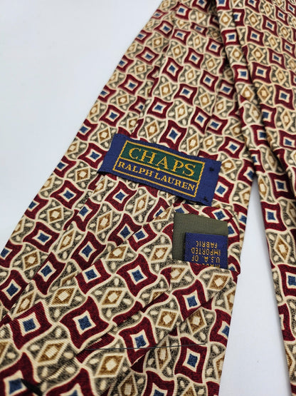 Chaps Ralph Lauren Silk Tie Mens Red Gold Geometric Wedding Retro Neck Tie BX59