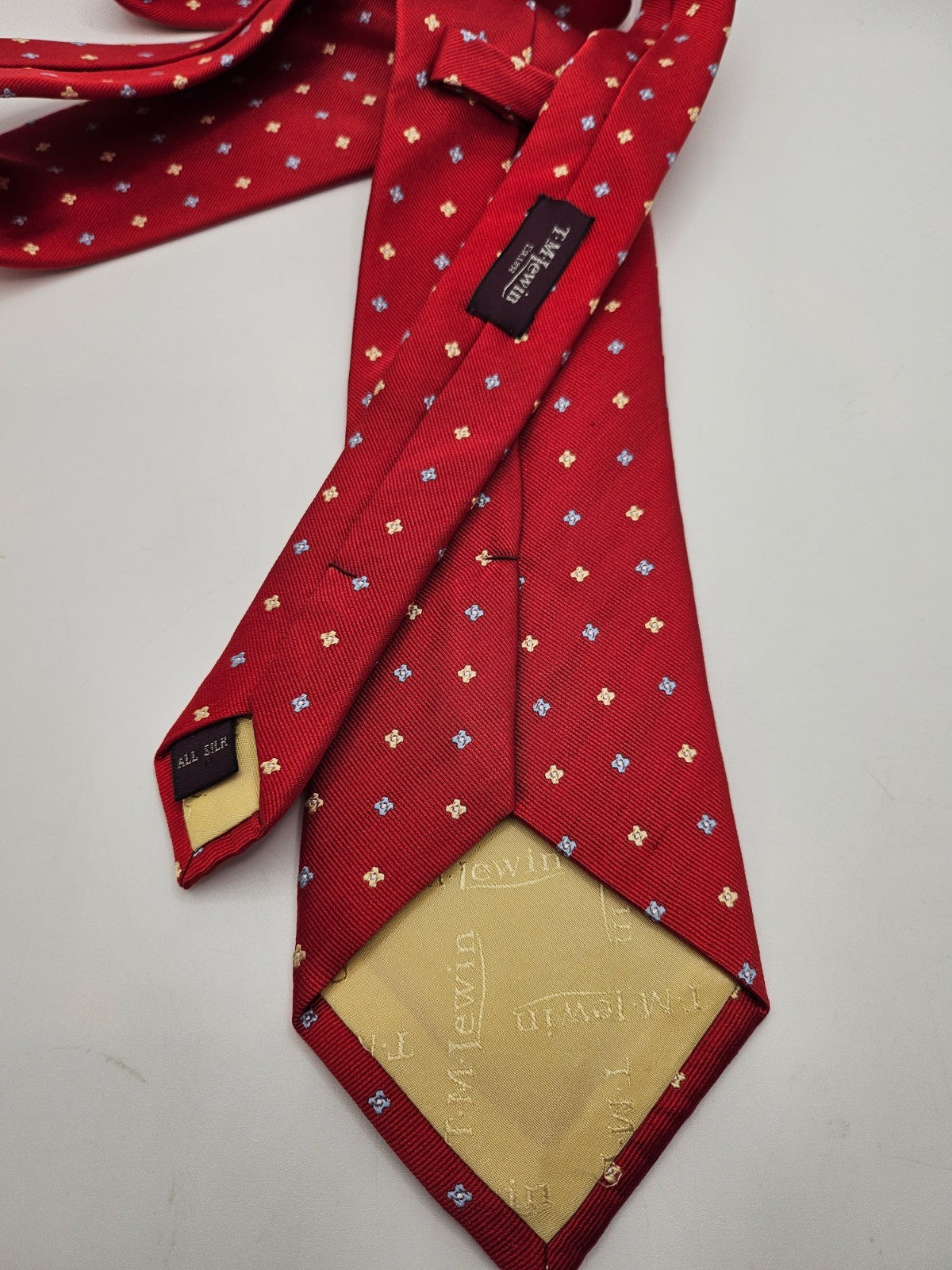 T.M. Lewin Silk Tie Mens Red Geometric Foulard Star Dot Vintage Neck Tie BX20