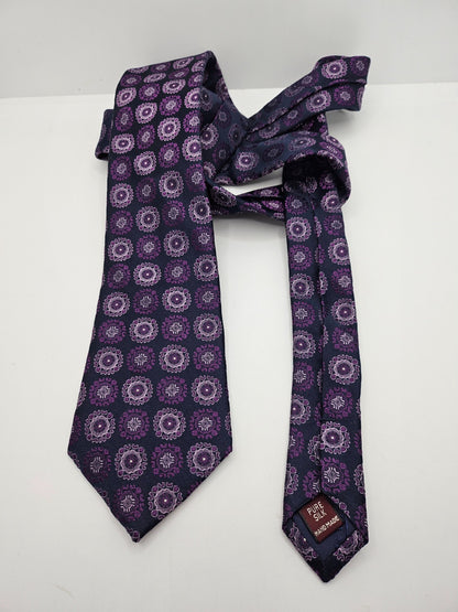 T.M.Lewin Silk Tie Mens Purple Navy Woven Geometric Medallion Retro Necktie BX21