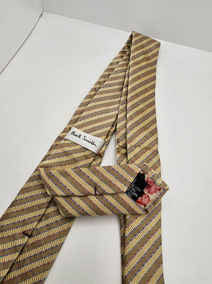 Paul Smith Silk Tie Mens Gold Tan Diagonal Striped Business Vintage Necktie BX26