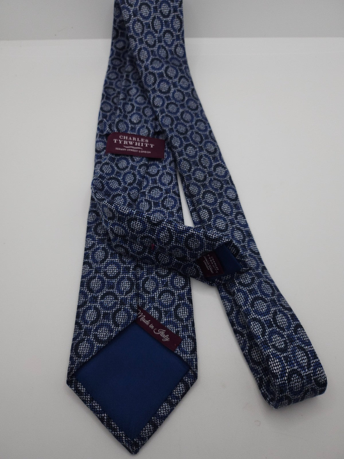 Charles Tyrwhitt Silk Tie Mens Navy Blue Geometric Circular Pattern Necktie BX13