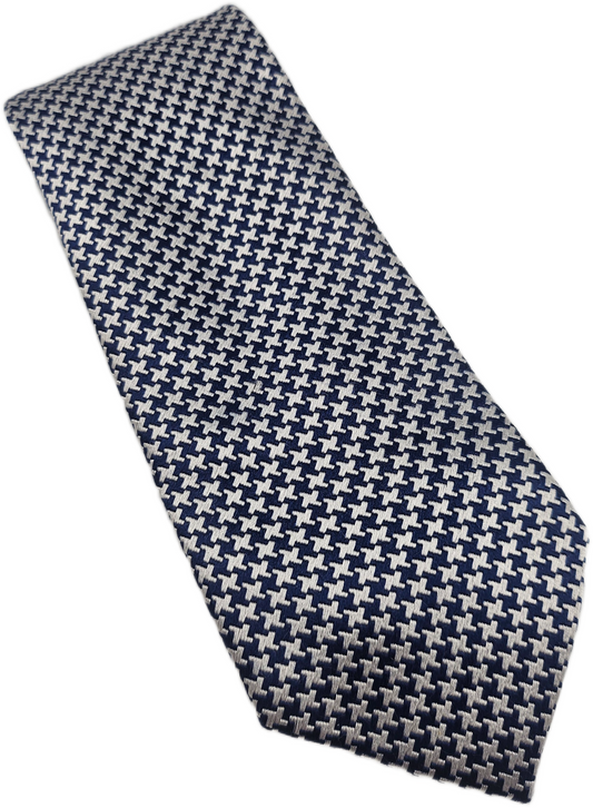 John Lewis Silk Tie Mens Navy Silver Geometric Designer Wedding Vtg Necktie BX18