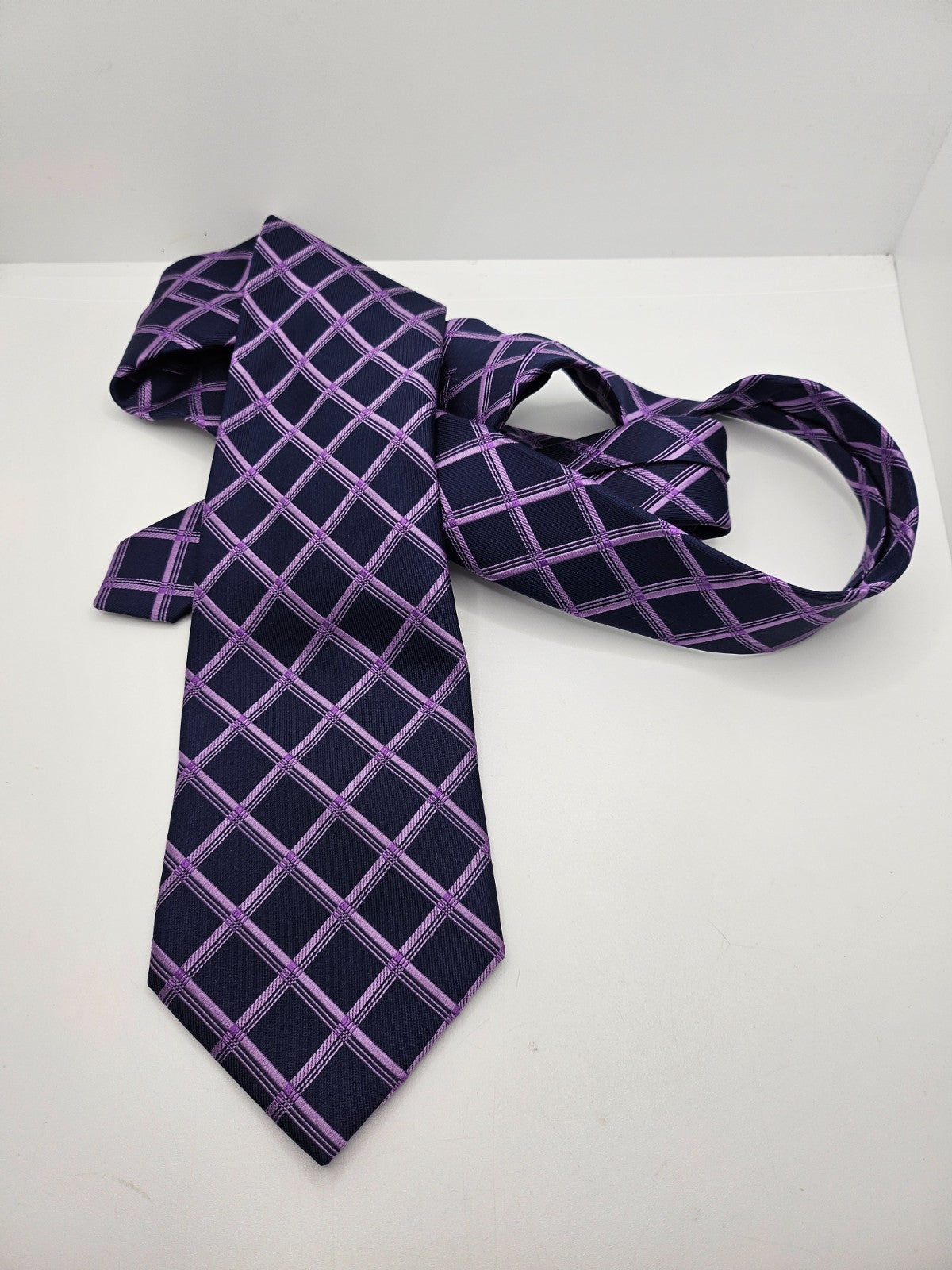 T.M.Lewin Silk Tie Mens Navy Blue Purple Windowpane Plaid Grid Vtg Neck Tie BX21