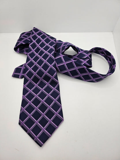 T.M.Lewin Silk Tie Mens Navy Blue Purple Windowpane Plaid Grid Vtg Neck Tie BX21