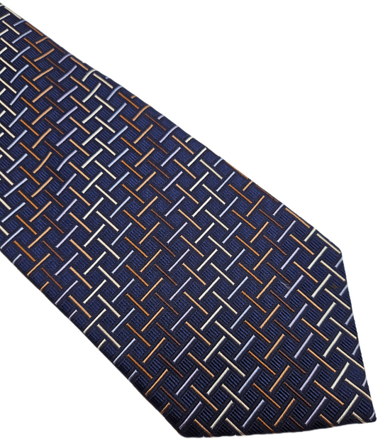 T.M. Lewin Navy Blue Geometric Interlocking Grid Silk Tie