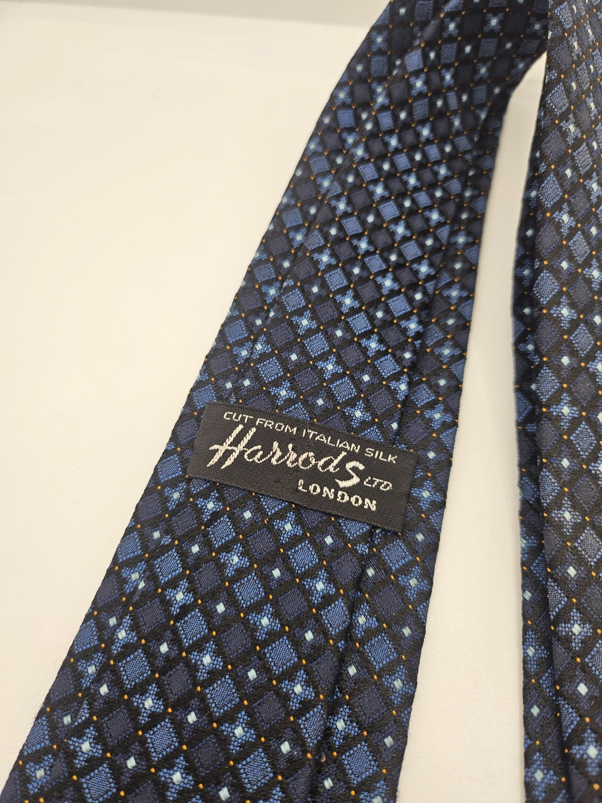 Harrods Silk Tie Mens Blue Geometric Designer Luxury Vtg Wedding Neck Tie BX20