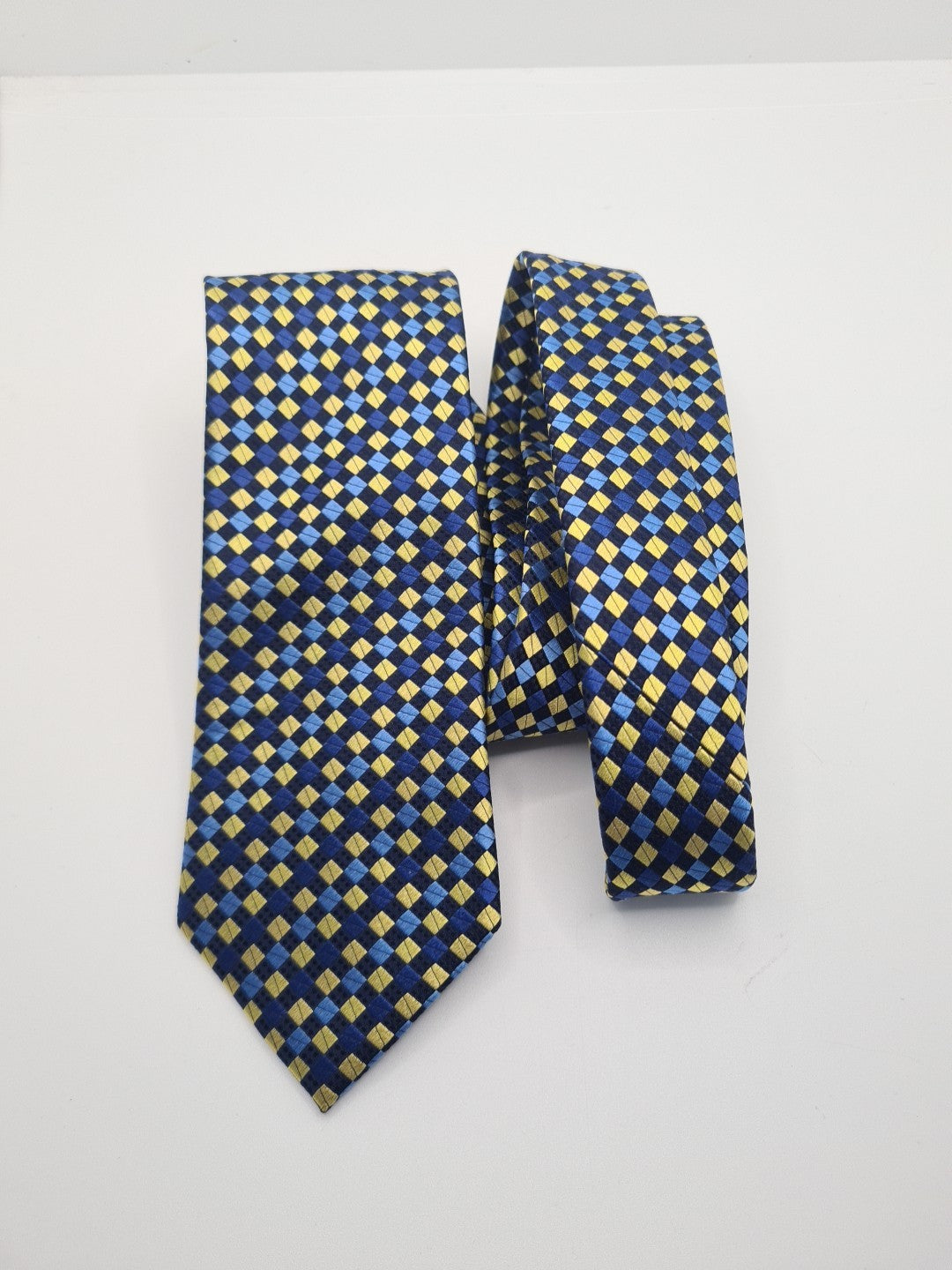 Paul Costelloe Blue Yellow Geometric Mens Silk Tie Classic Designer Necktie Geometric Vintage Mens Tie UK BX12