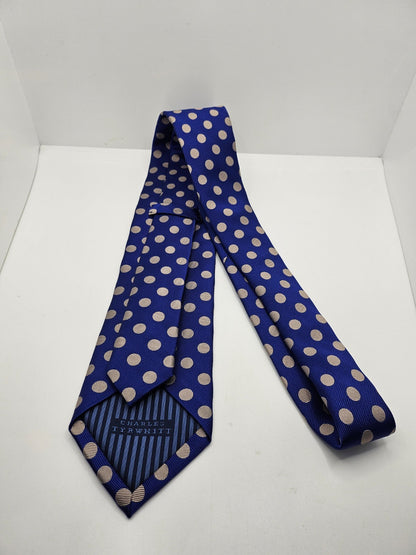 Charles Tyrwhitt Silk Tie Mens Blue Champagne Polka Dot Vtg Wedding Necktie BX23