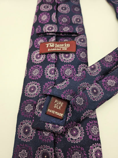 T.M.Lewin Silk Tie Mens Purple Navy Woven Geometric Medallion Retro Necktie BX21