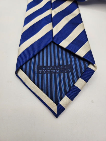 Charles Tyrwhitt Mens Silk Tie Blue White Stripe Vtg Retro Wedding Neck Tie R1