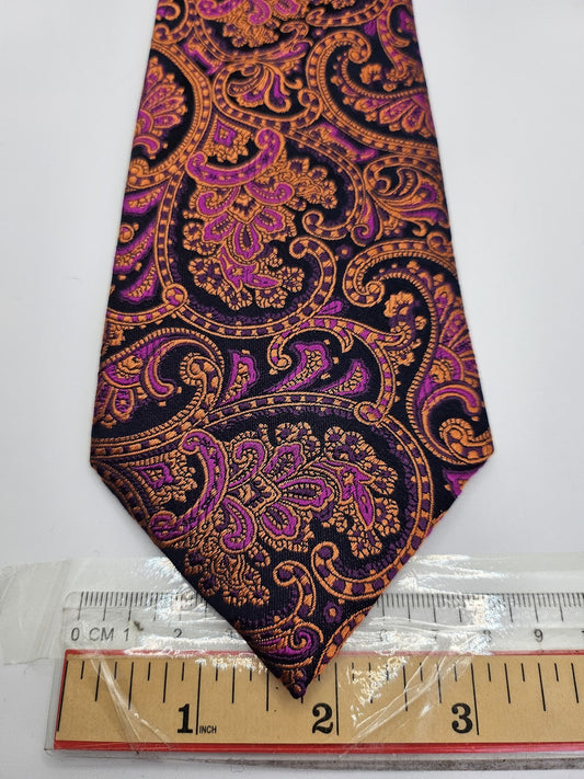 M&S Mens Silk Tie Purple Orange Paisley Vtg Retro Wedding Neck Tie