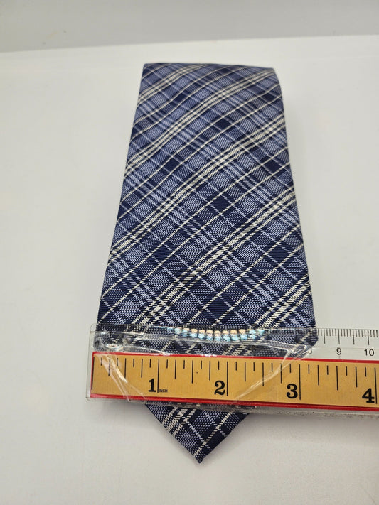 Massimo Dutti Silk Tie Mens Blue Plaid Check Designer Vtg Wedding Neck Tie BX15