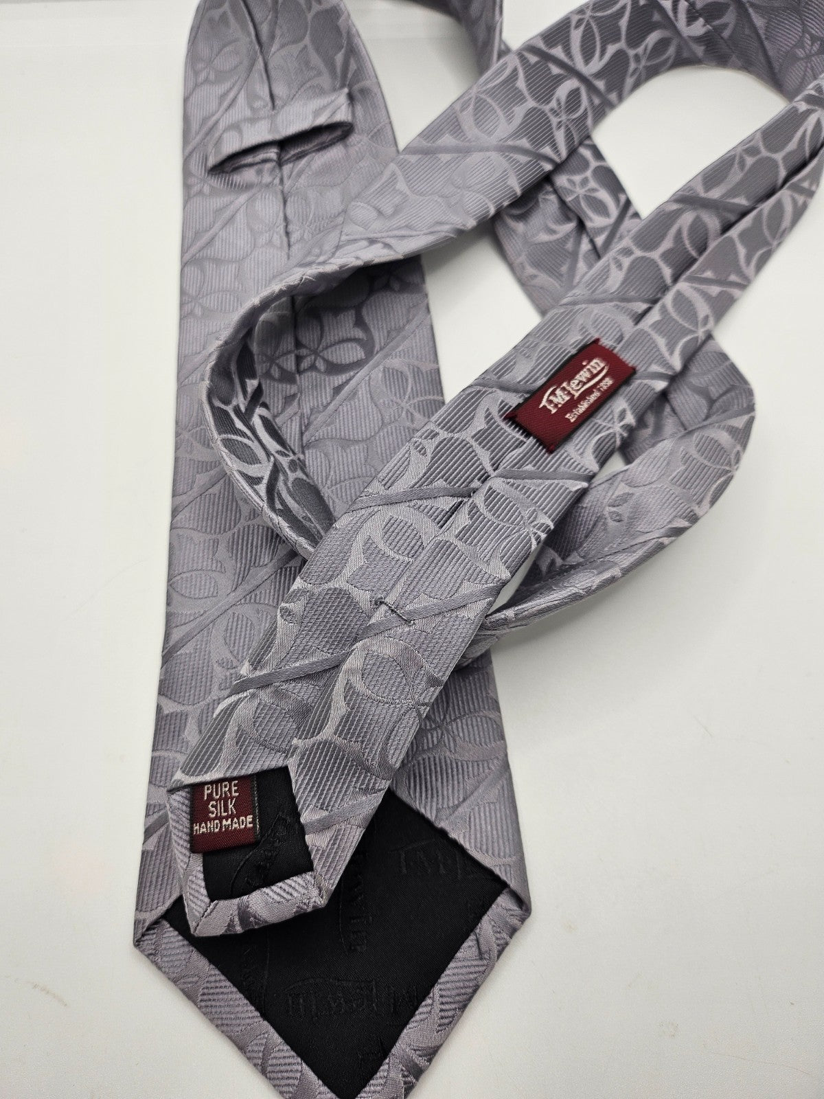 T.M.Lewin Silk Tie Mens Silver Grey Jacquard Floral Damask Wedding Neck Tie BX21