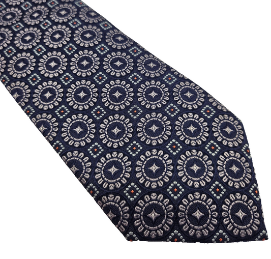 Ted Baker Mens Silk Tie Blue Medallion Geometric Vtg Retro Wedding Neck Tie R1