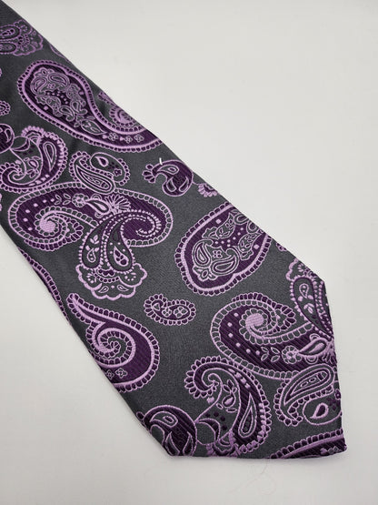 Marks & Spencer Mens Silk Tie Grey Purple Paisley Vtg Retro Wedding Neck Tie
