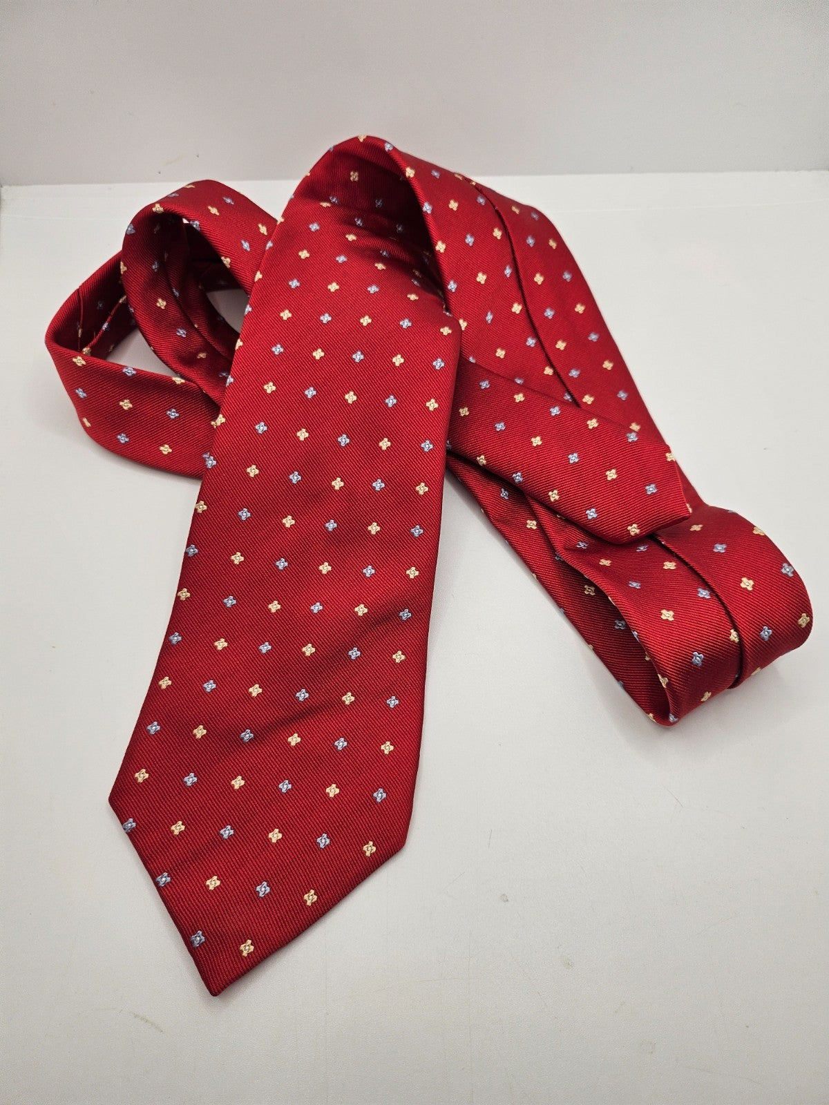 T.M. Lewin Silk Tie Mens Red Geometric Foulard Star Dot Vintage Neck Tie BX20
