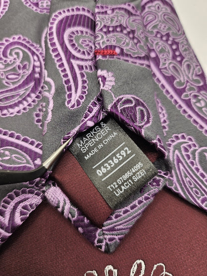 Marks & Spencer Mens Silk Tie Grey Purple Paisley Vtg Retro Wedding Neck Tie