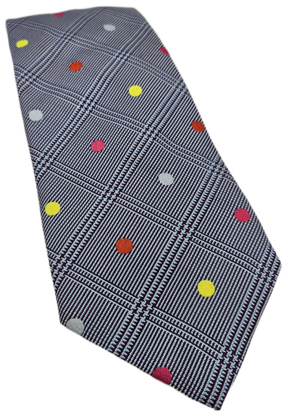 Thomas Pink Grey Glen Plaid Polka Dots Silk Tie