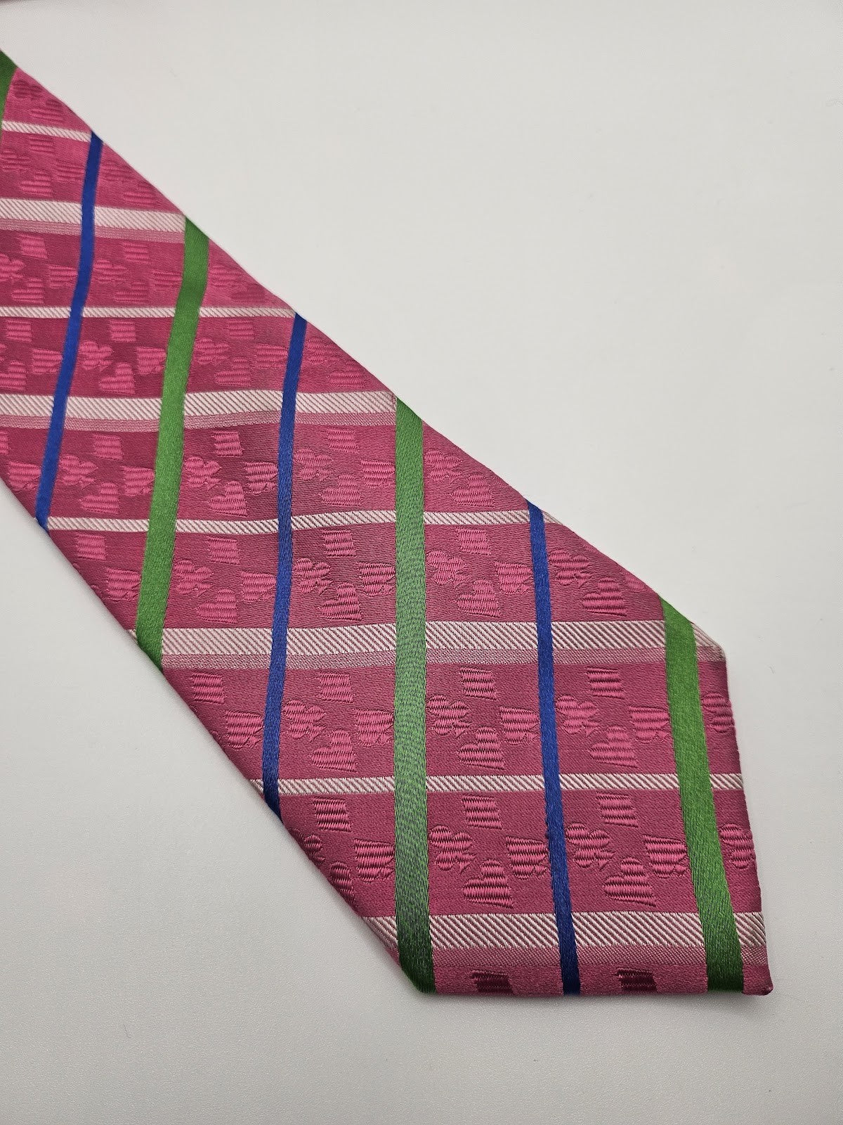 T.M.Lewin Mens Silk Tie Pink Green Blue Checked Vtg Retro Wedding Neck Tie