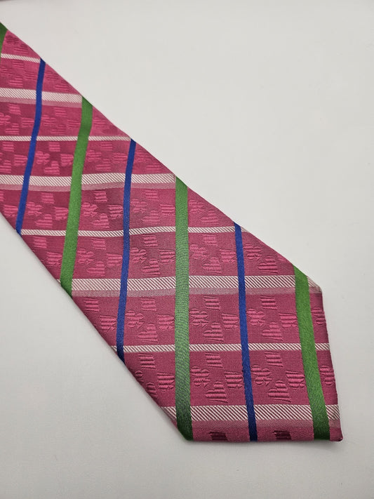 T.M.Lewin Mens Silk Tie Pink Green Blue Checked Vtg Retro Wedding Neck Tie