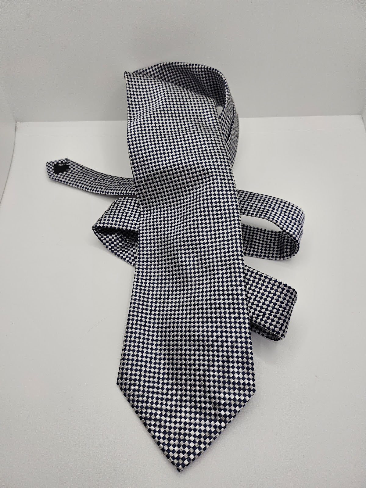 Unknown Mens Silk Tie Navy Blue White Checked Vtg Retro Wedding Neck Tie