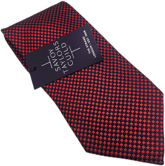 Savoy Taylors Guild Silk Tie Mens Red Navy Check Wedding Retro Vtg Neck Tie BX18