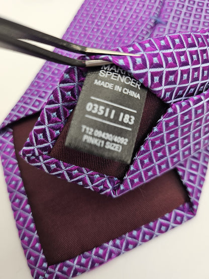 Marks & Spencer Mens Silk Tie Purple Geometric Vtg Retro Wedding Neck Tie