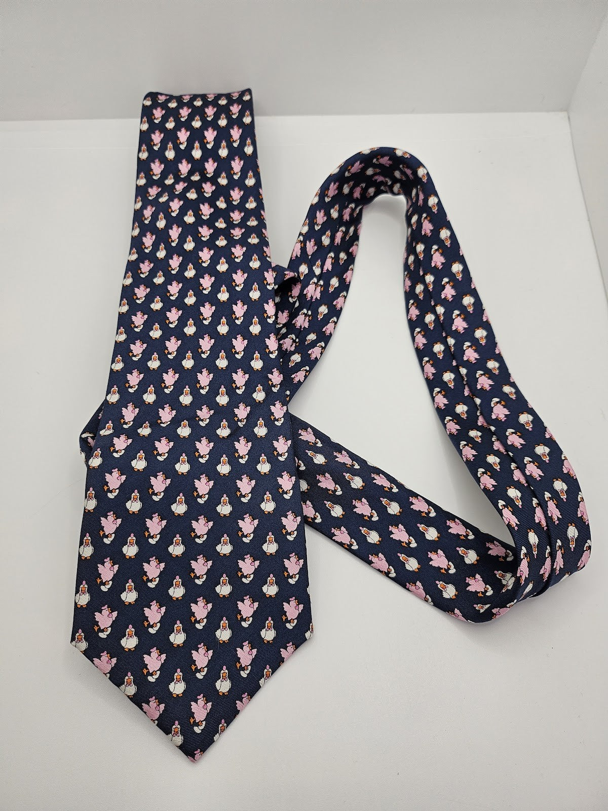 Michelsons of London Mens Silk Tie Navy Pink Pig Novelty Vtg Retro Neck Tie