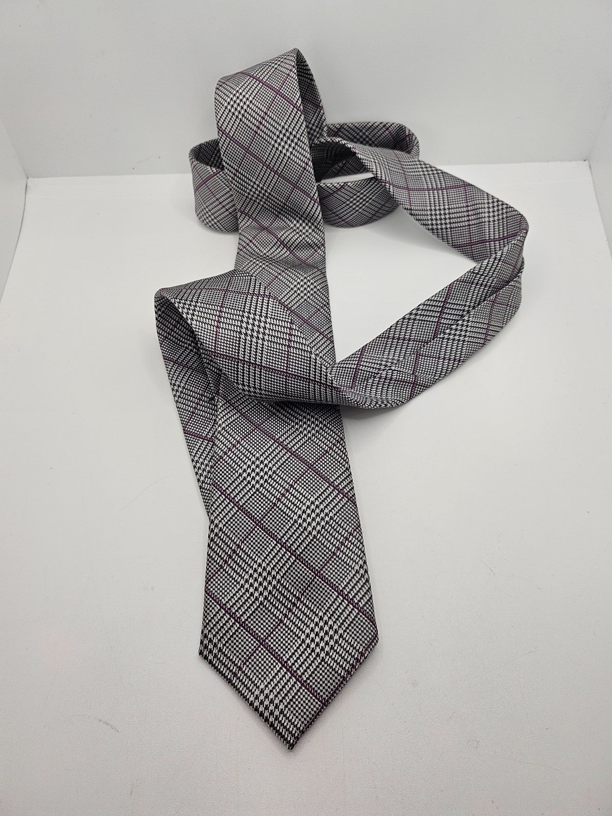 T.M. Lewin Silk Tie Mens Grey Purple Windowpane Overcheck Vintage Neck Tie BX26