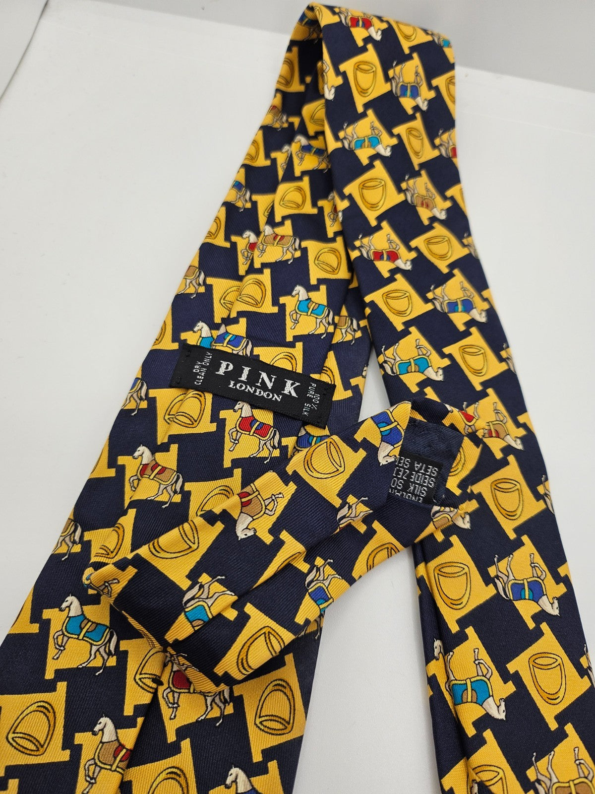 Thomas Pink Silk Tie Mens Black Yellow Equestrian Horse Novelty Vtg Necktie BX26