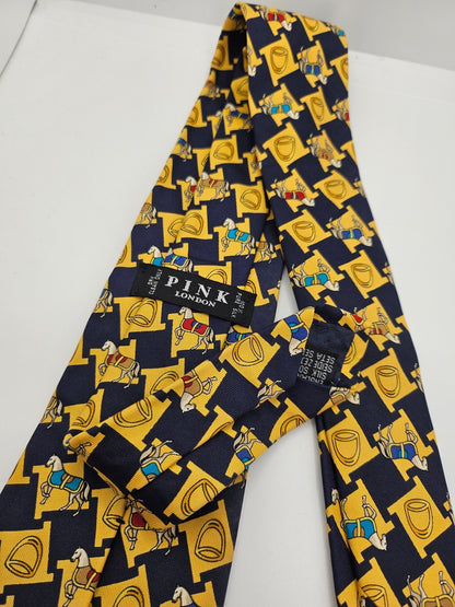 Thomas Pink Silk Tie Mens Black Yellow Equestrian Horse Novelty Vtg Necktie BX26