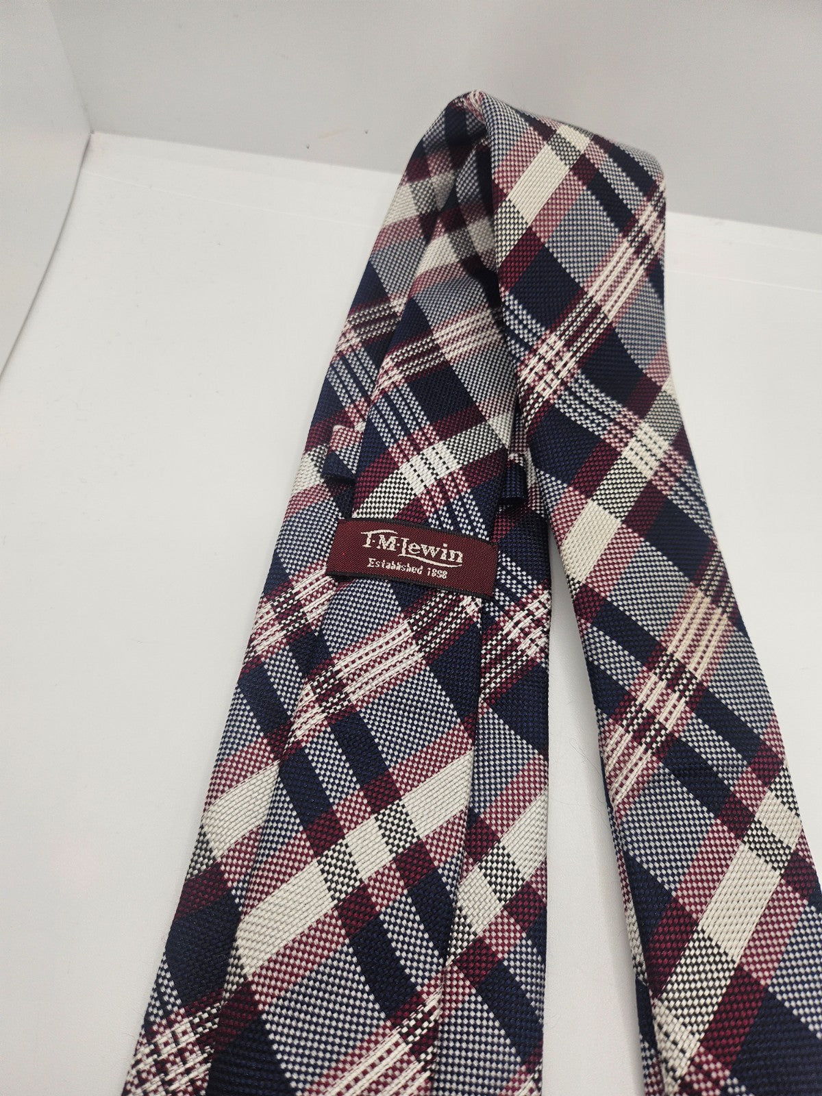 T.M. Lewin Silk Tie Mens Navy Burgundy Plaid Business Wedding Vtg Necktie BX18