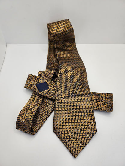 M&S Mens Silk Tie Gold Blue Geometric Vtg Retro Wedding Neck Tie