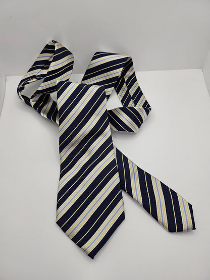 T.M. Lewin Mens Silk Tie Navy Blue Yellow Striped Vtg Retro Wedding Neck Tie
