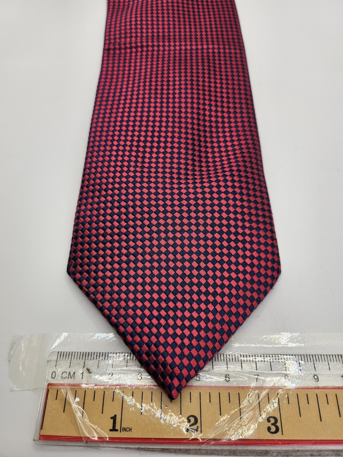 M&S Mens Tie Red Navy Geometric Checked Vtg Retro Wedding Neck Tie