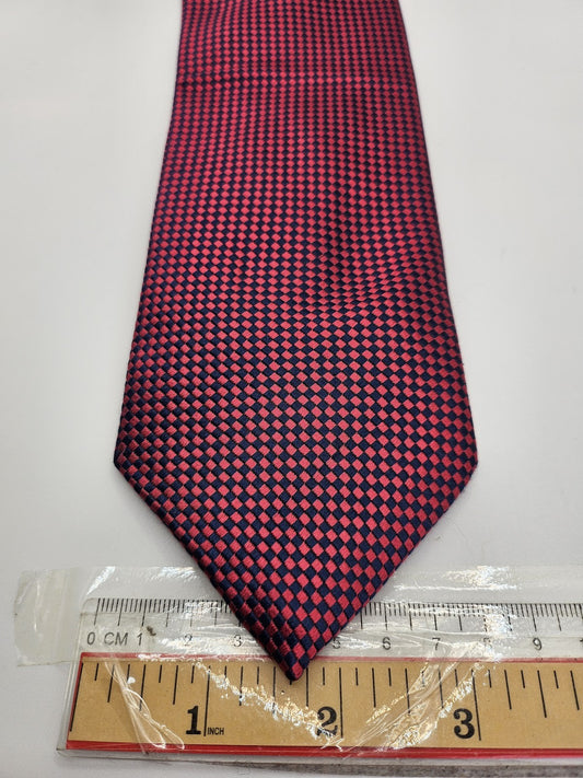 M&S Mens Tie Red Navy Geometric Checked Vtg Retro Wedding Neck Tie