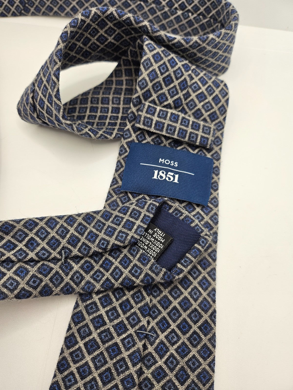 Moss 1851 Wool Tie Mens Blue Gray Textured Geometric Diamond Retro Neck Tie BX1