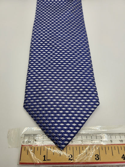 M&S Mens Silk Tie Blue White Geometric Diamond Vtg Retro Wedding Neck Tie