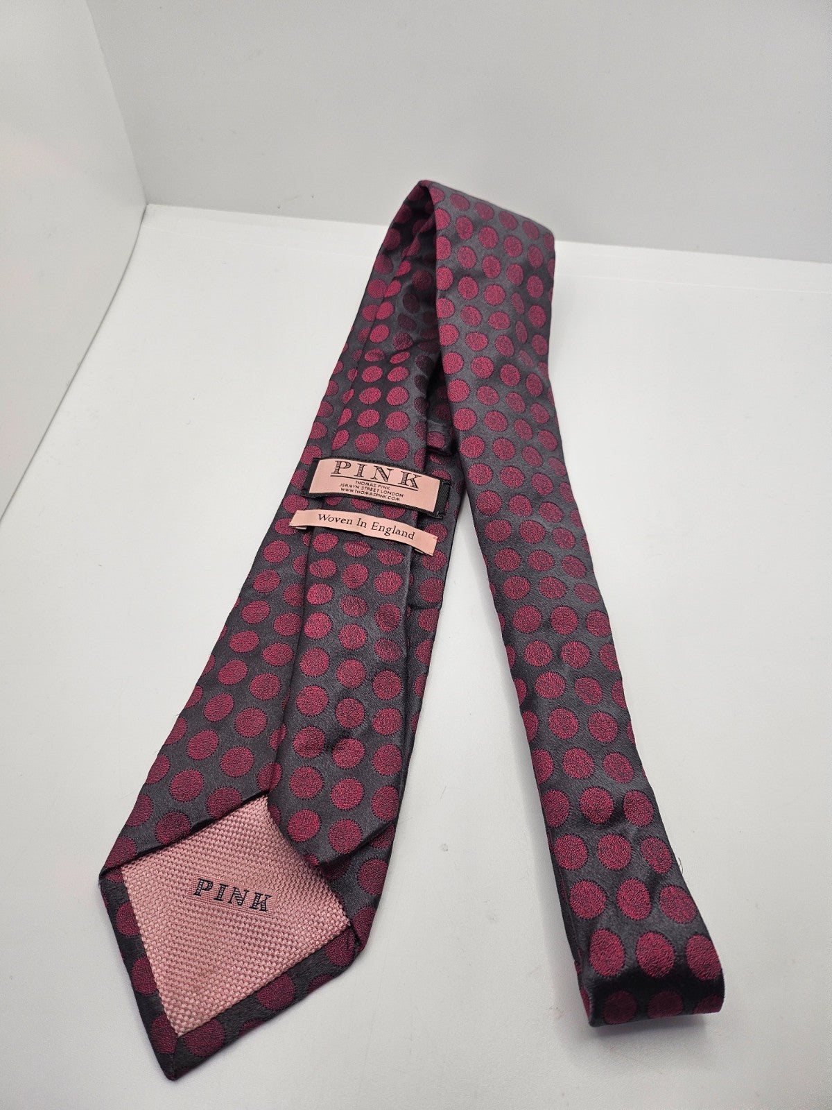 PINK London Silk Tie Mens Charcoal Pink Polka Dot Designer Business Neck Tie BX2