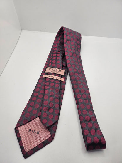 PINK London Silk Tie Mens Charcoal Pink Polka Dot Designer Business Neck Tie BX2