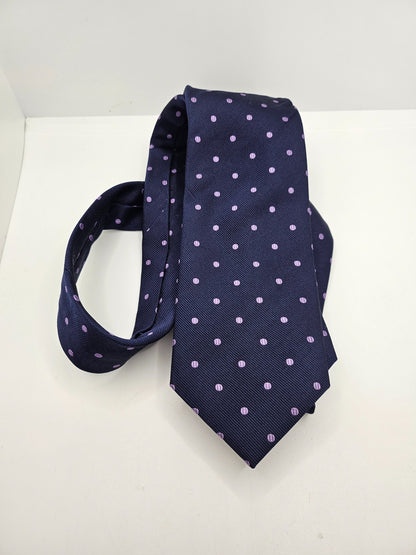 T.M. Lewin Silk Tie Mens Navy Blue Purple Woven Polka Dot Vintage Neck Tie BX20